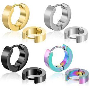 4-Pair Titanium Steel Huggie Hoop Earring Set – Black, Silver, Gold, Oil slick